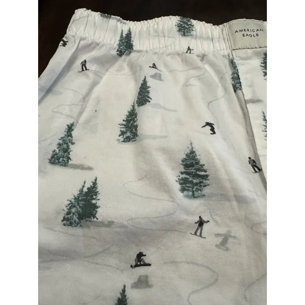 American Eagle white boxer shorts with green pine trees black skiers XS 26-28
